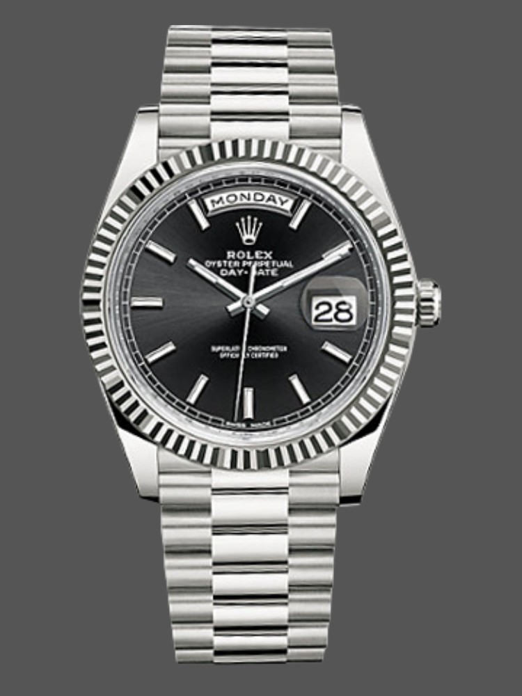 58755036-1B13-6568-5D3D-01C00026127E Rolex Day-Date 228239 Black Index Dial Fluted Bezel 40mm Mens Replica Watch - Image 1
