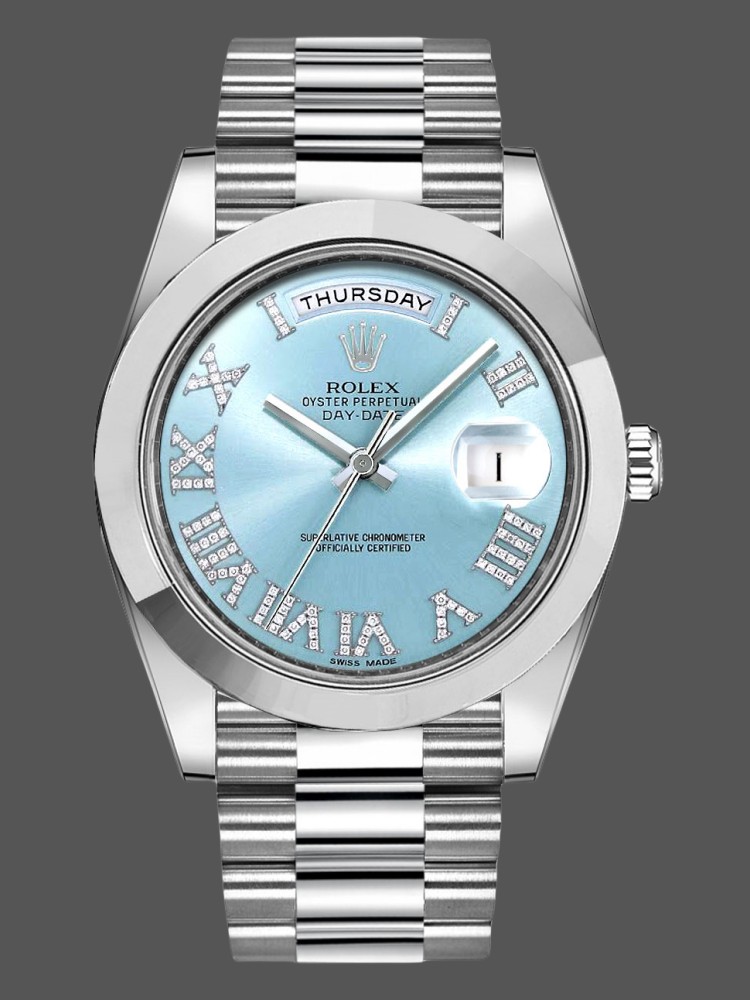 58BE7DA6-A321-772C-C6CB-658FD2797C65 Rolex Day-Date 218206 Glacier Blue Diamond Roman Dial Platinum 41MM Mens Replica Watch - Image 1