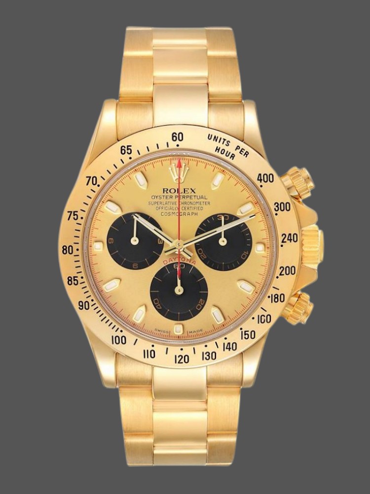 58F7C8B7-C588-7310-F876-59F5244436CF Rolex Daytona 116528 Yellow Gold Champagne Dial 40mm Mens Replica Watch - Image 1