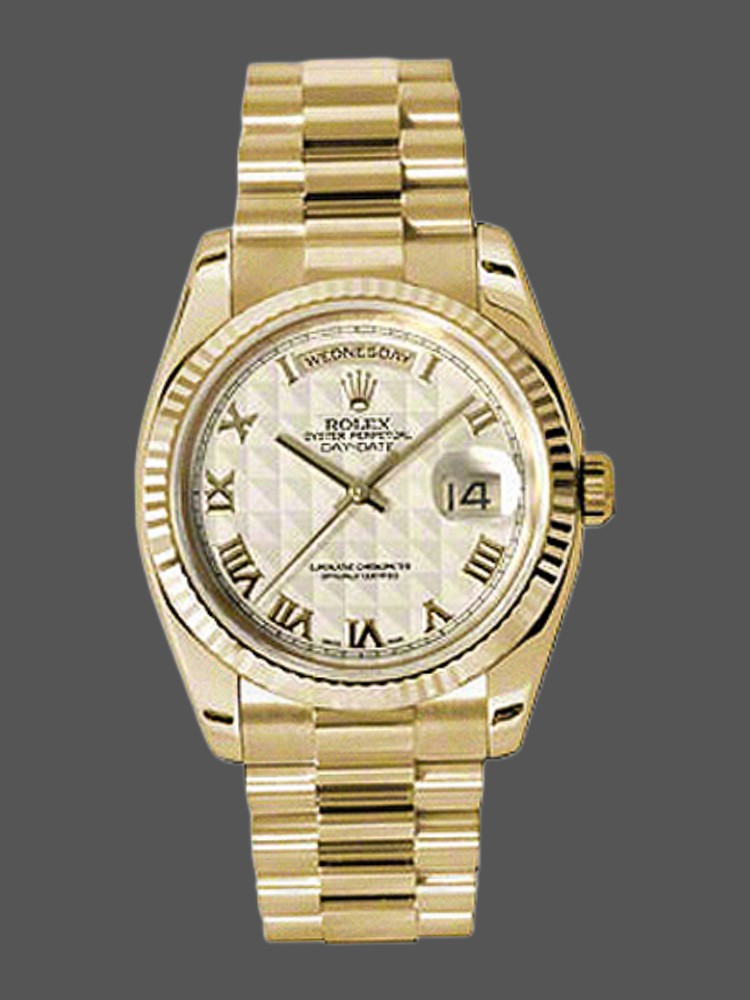 596602CF-681F-CD2E-BFD6-1B3B12BE353B Rolex Day-Date 118238 Ivory Dial Fluted Bezel 36mm Unisex Replica Watch - Image 1