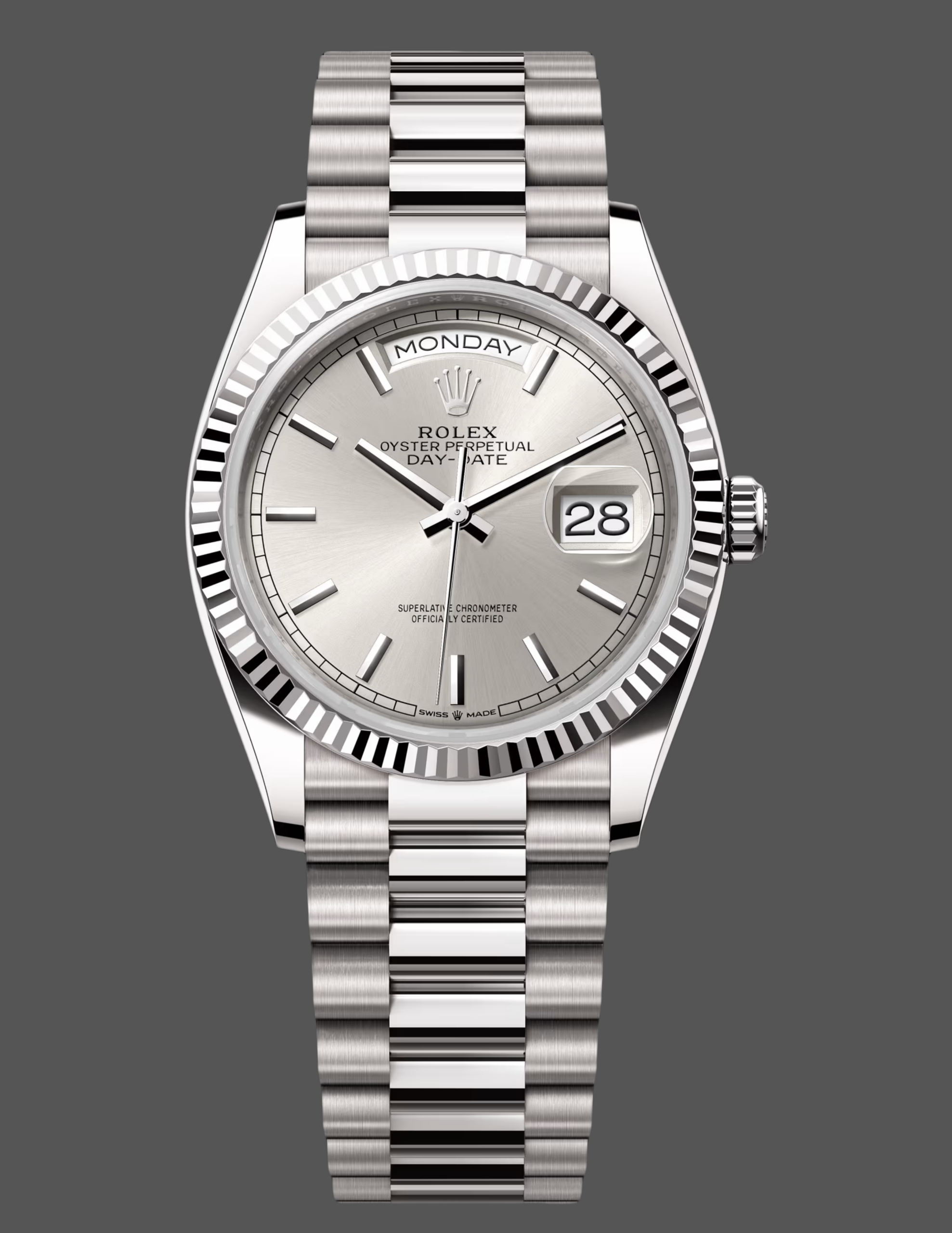 60E199C9-3810-3E9B-D74A-A024DCBFF9D7 Rolex Day-Date 128239 0005 White Gold Silver Index Dial 36MM Unisex Replica Watch - Image 1