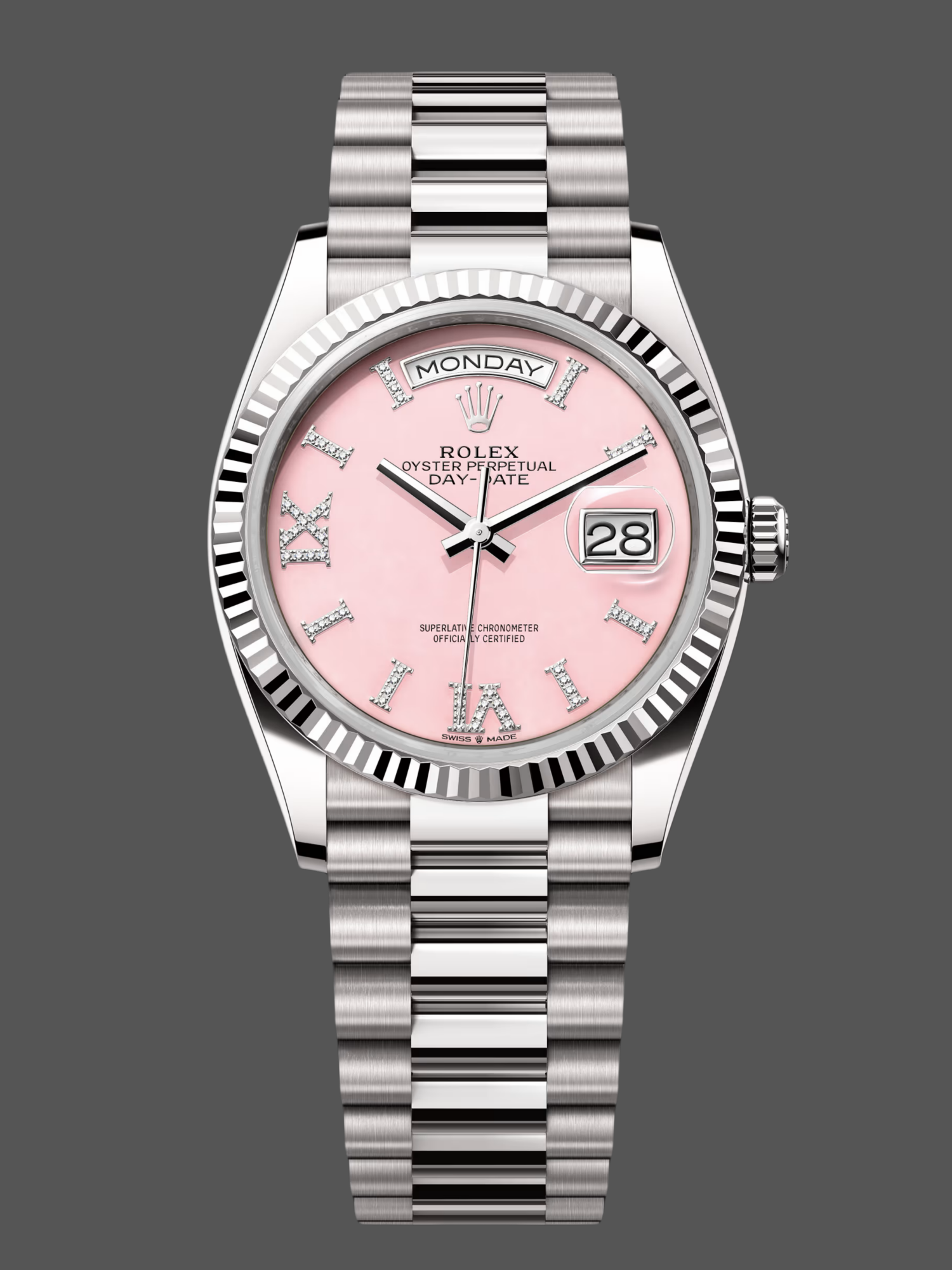 61D863DA-1DB7-71D0-12B4-0FD698756807 Rolex Day-Date 128239 White Gold Pink Opal Dial 36MM Unisex Replica Watch - Image 1