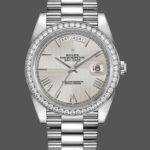 Rolex Day-Date 228349RBR Silver Roman Dial Diamond Bezel 40mm Mens Replica Watch