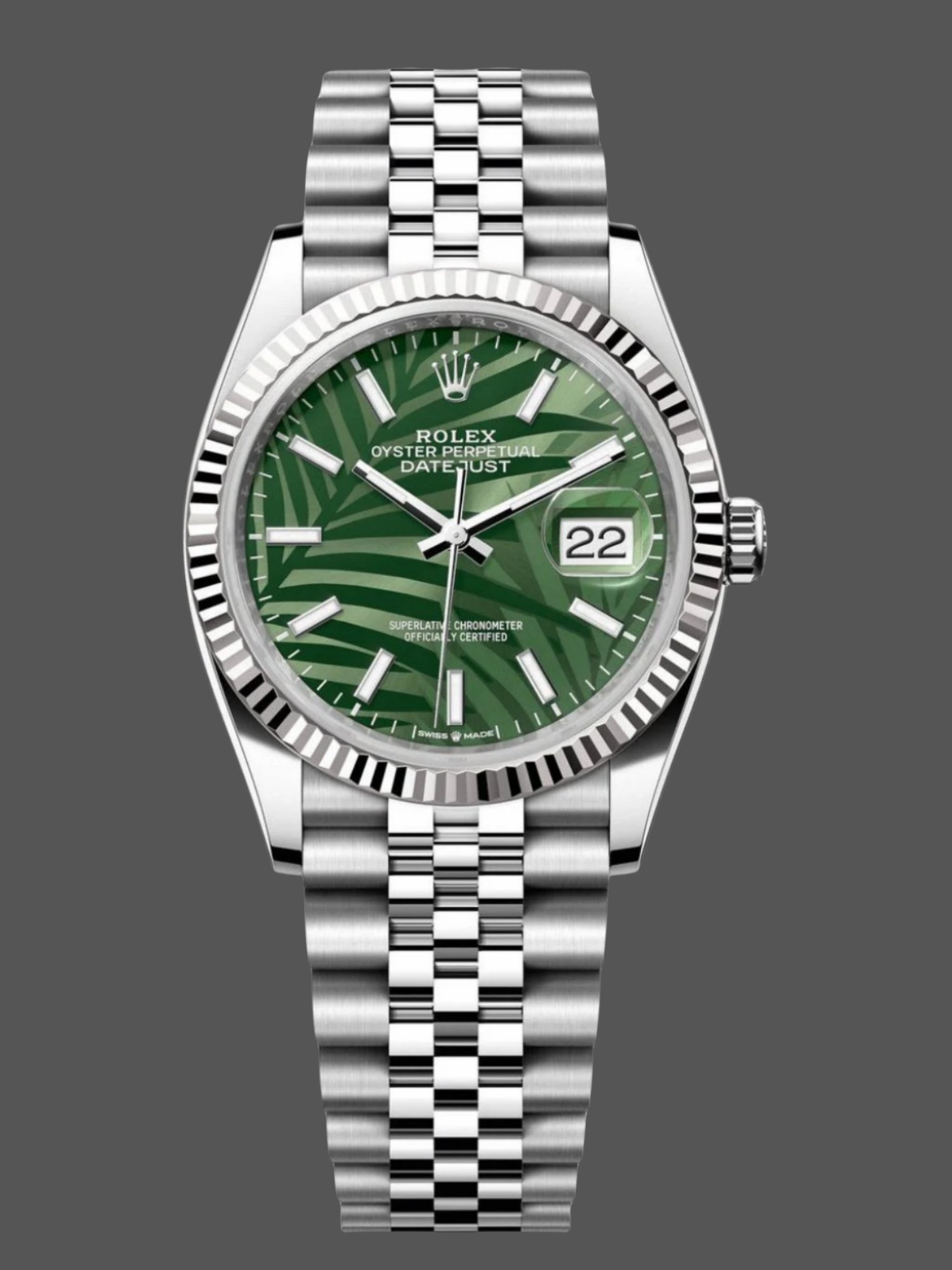 65E069D3-A49A-A1D1-6889-A36918A04D67 Rolex Datejust 36mm Fluted Bezel Green Palm Index Dial Jubilee 126234 0047 - Image 1