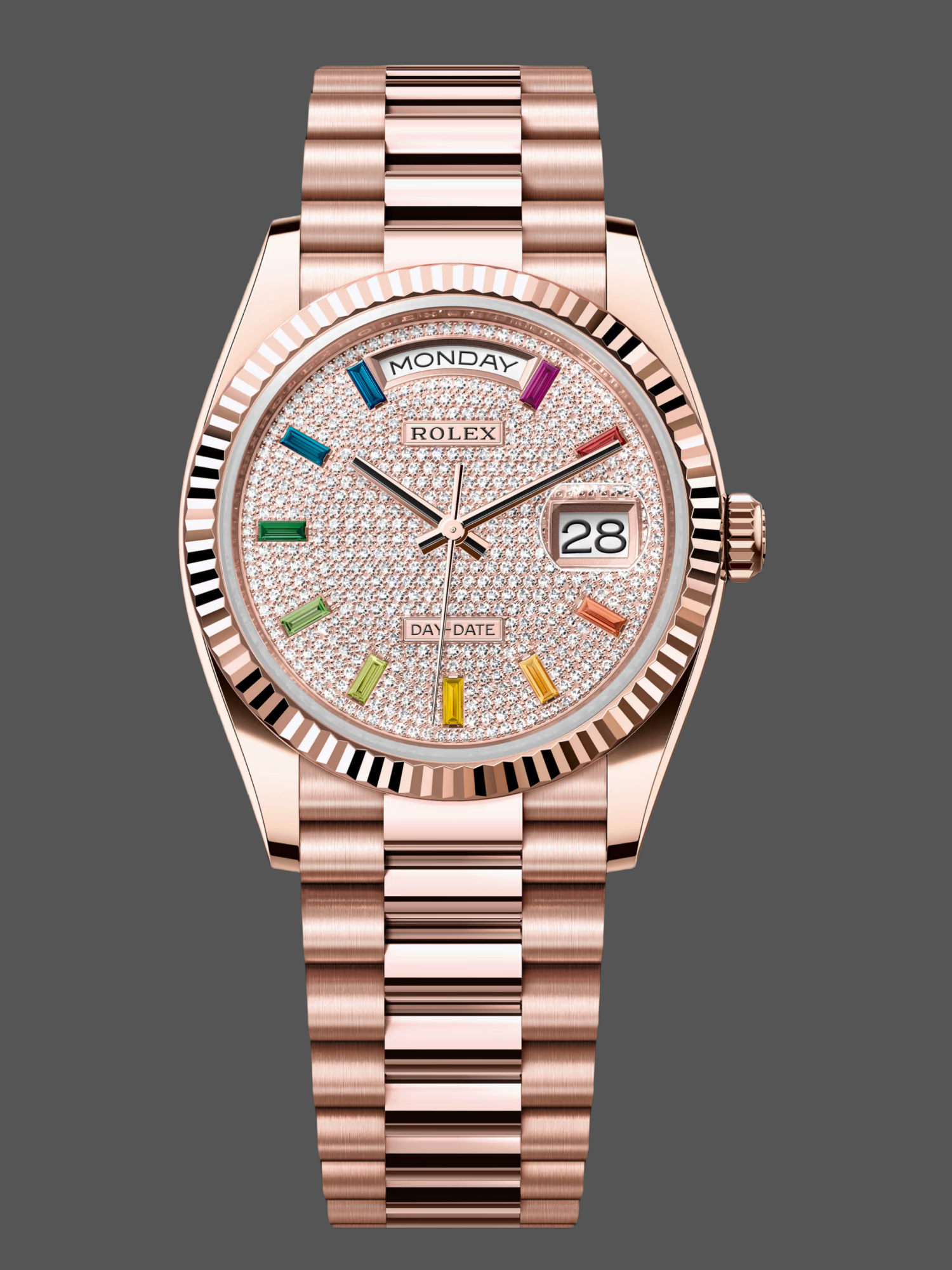 67168CDD-8E1F-F6A1-2863-1C01593E49FB Rolex Day Date 36 Diamond Paved Dial Fluted Bezel 18K Everose gold 128235 0039 President Watch - Image 1