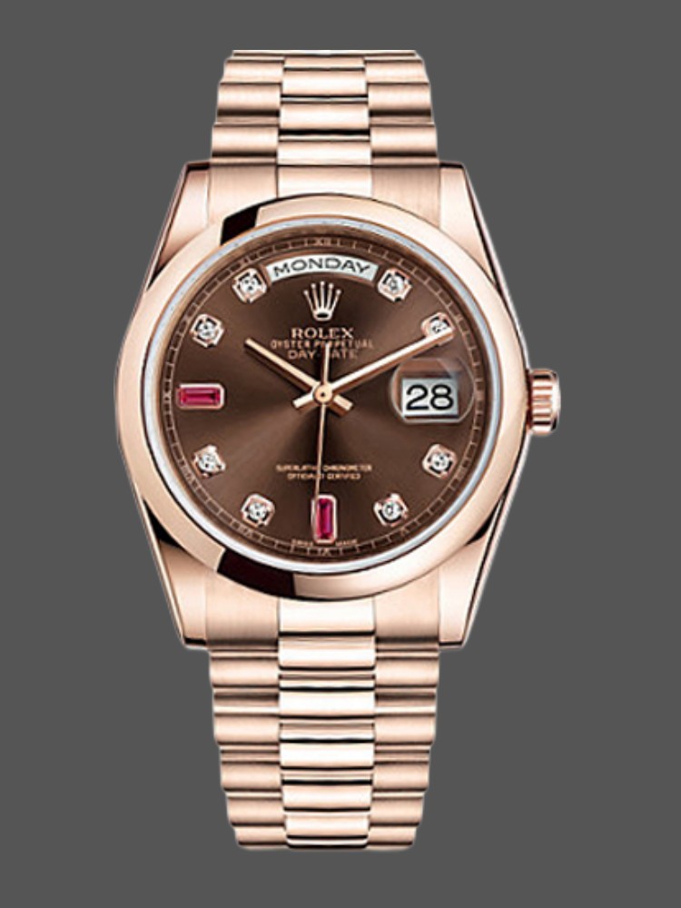 6A10D783-D605-5686-375C-DE415BA26B6D Rolex Day-Date 118205 Rose Gold Chocolate Brown Dial 36mm Unisex Replica Watch - Image 1