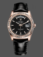 Rolex Day Date 36 Everose Gold Black Dial 118135 0063 Leather Watch