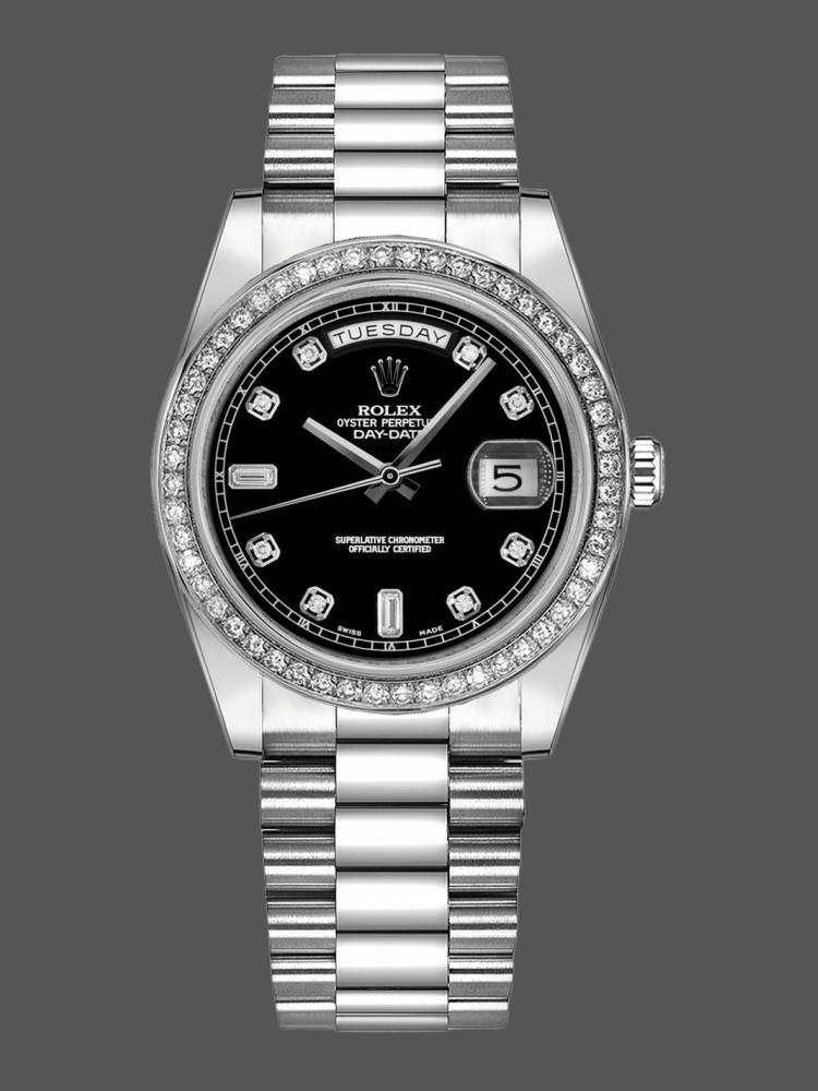 6BEA8652-ECD5-501E-4C6B-6F5FE2AFF9FA Rolex Day Date 118346 Black Diamonds Dial 36mm Unisex Replica Watch - Image 1