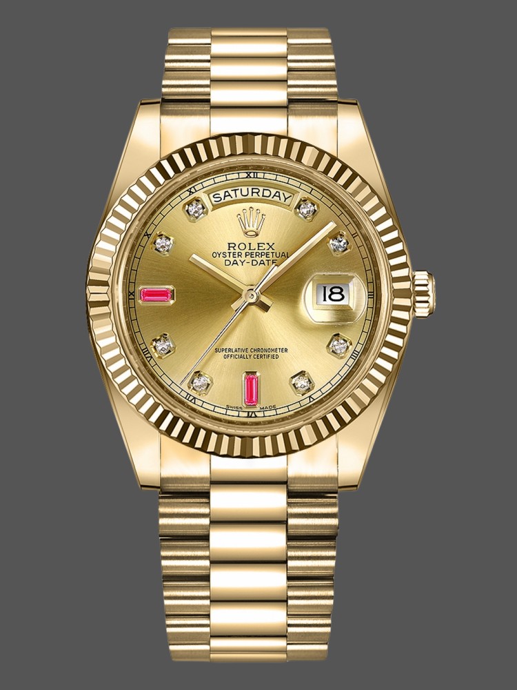 6C11CAA8-D68D-DDC9-E63E-06AF983C67D0 Rolex Day-Date 218238 Champagne Ruby Dial Yellow Gold 41MM Mens Replica Watch - Image 1