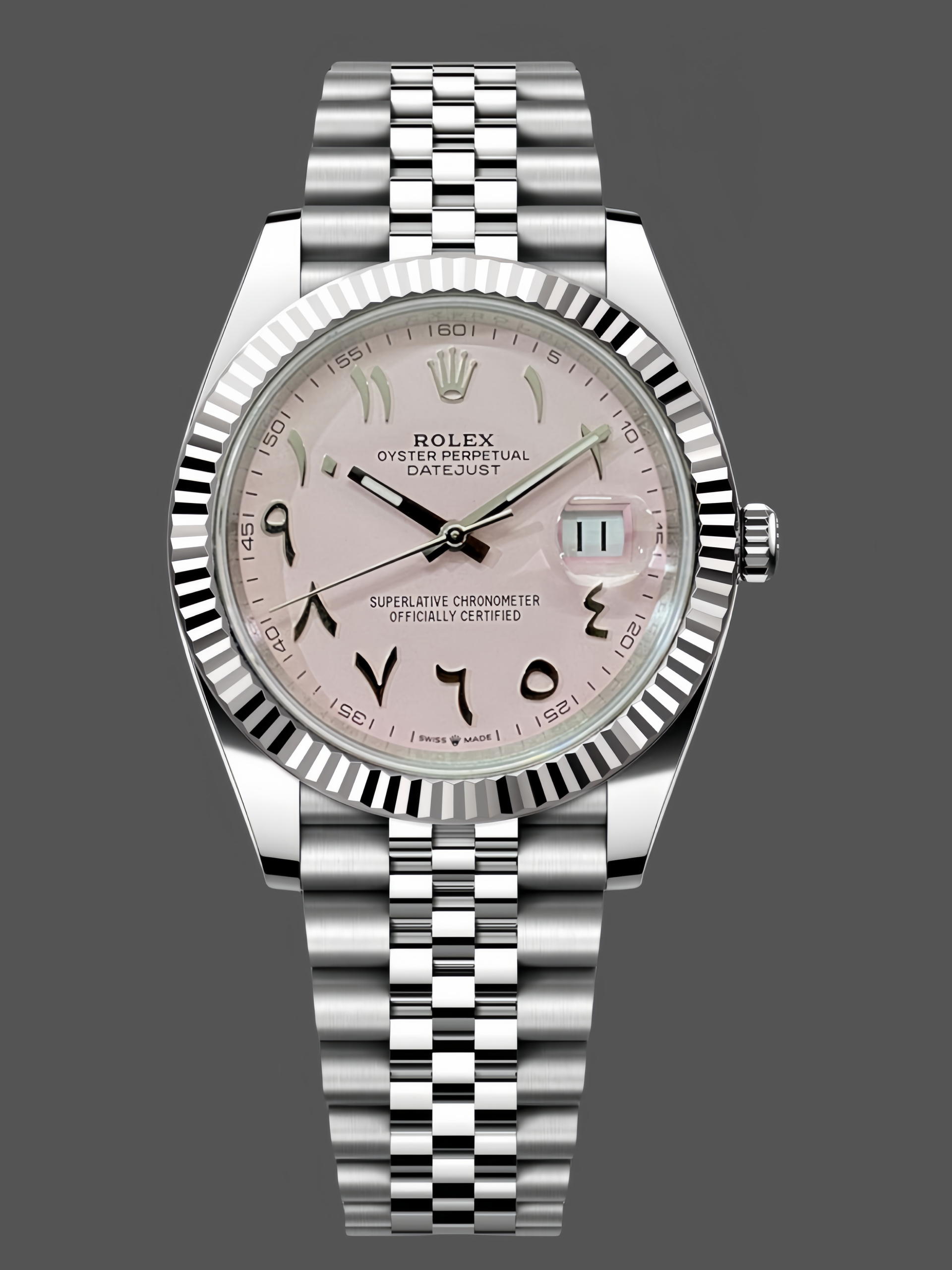6F22CBF1-584B-4AF3-E20A-BD206F78330C Rolex Datejust Middle Eastern Digital Pink Dial Fluted Bezel M126234 - Image 1