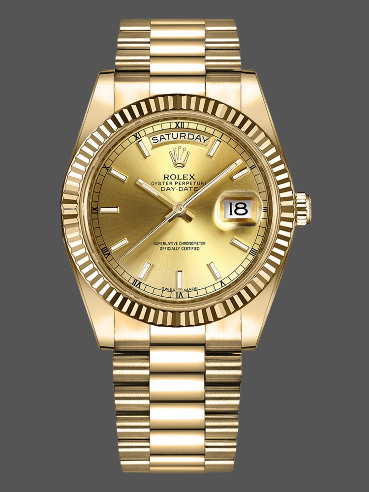 6F42F8E0-EA72-8186-EFA1-0D43B00D25C2 Rolex Day-Date 218238 Champagne Index Dial Yellow Gold 41MM Mens Replica Watch - Image 1