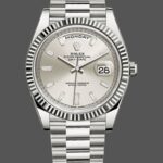 Rolex Day-Date 228239 Silver Baguette Diamond Dial Fluted Bezel 40mm Mens Replica Watch