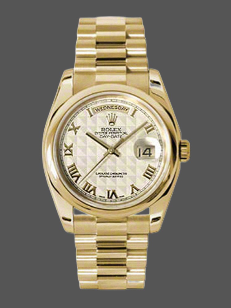73397EDC-E380-0AAA-8D2A-8070D08367A5 Rolex Day-Date 118208 Yellow Gold Roman Numeral Pyramid Ivory Dial 36mm Unisex Replica Watch - Image 1