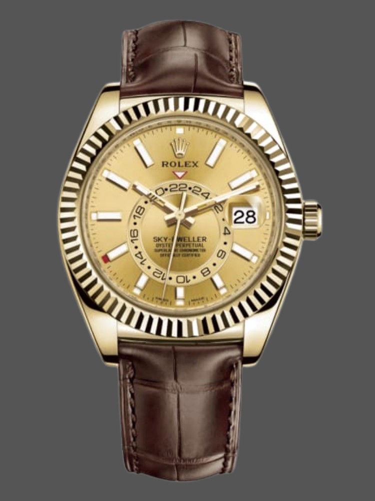 753FD661-AFB2-DB24-5DCA-53B5F173A41E Rolex Sky-Dweller 326138 Champagne Dial Yellow Gold 42MM Mens Replica Watch - Image 1