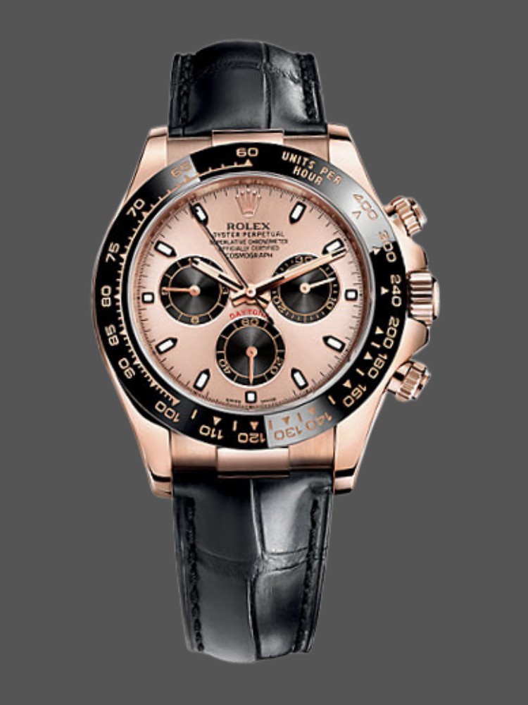 764611CC-1CD4-BF45-EE45-8D61A3F7360C Rolex Cosmograph Daytona 116515LN Leather strap Black Pink Dial 40mm Mens Replica Watch - Image 1