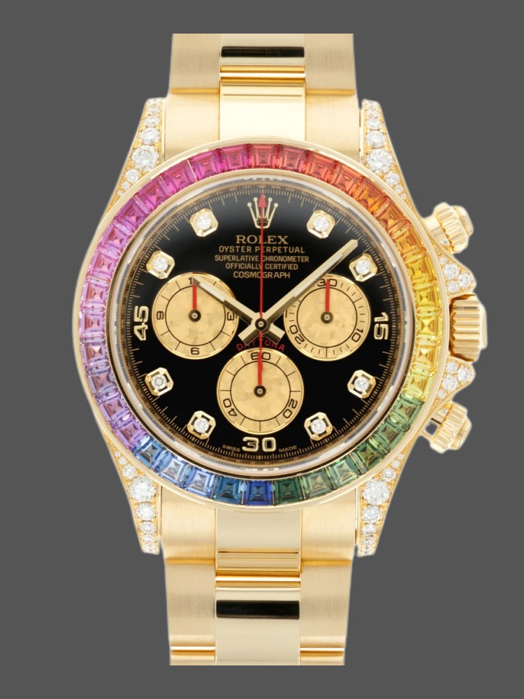 77F8CEDA-3C53-CB84-3AF6-AC66EBBD49DD Rolex Daytona 116528 Rainbow Bezel Black Diamond Dial 40mm Mens Replica Watch - Image 1