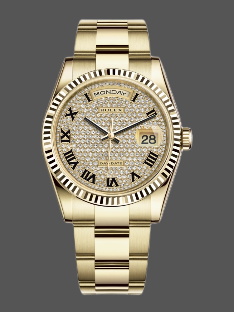 78444B4E-9DBE-EE28-A54B-B6365AC4B32C Rolex Day-Date 118238 Yellow Gold Pave diamond dial 36mm Unisex Replica Watch - Image 1