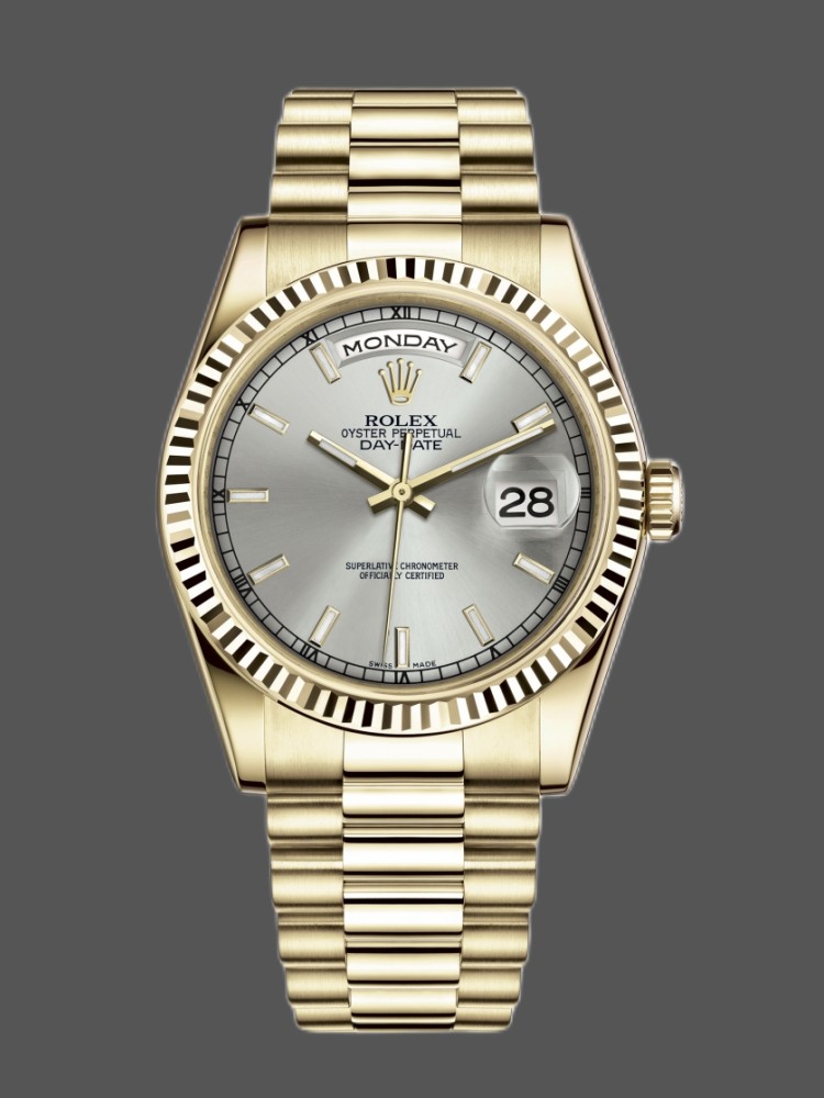 7925779D-6864-B4FF-5BD4-10EECB75614D Rolex Day-Date 118238 Silver dial Fluted Bezel 36mm Unisex Replica Watch - Image 1