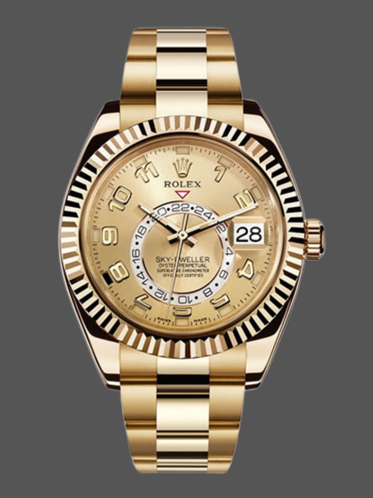 7CD487D8-1102-2AD6-8E45-BD828678C0C3 Rolex Sky-Dweller 326938 Yellow Gold Champagne Arabic Dial 42mm Mens Replica Watch - Image 1