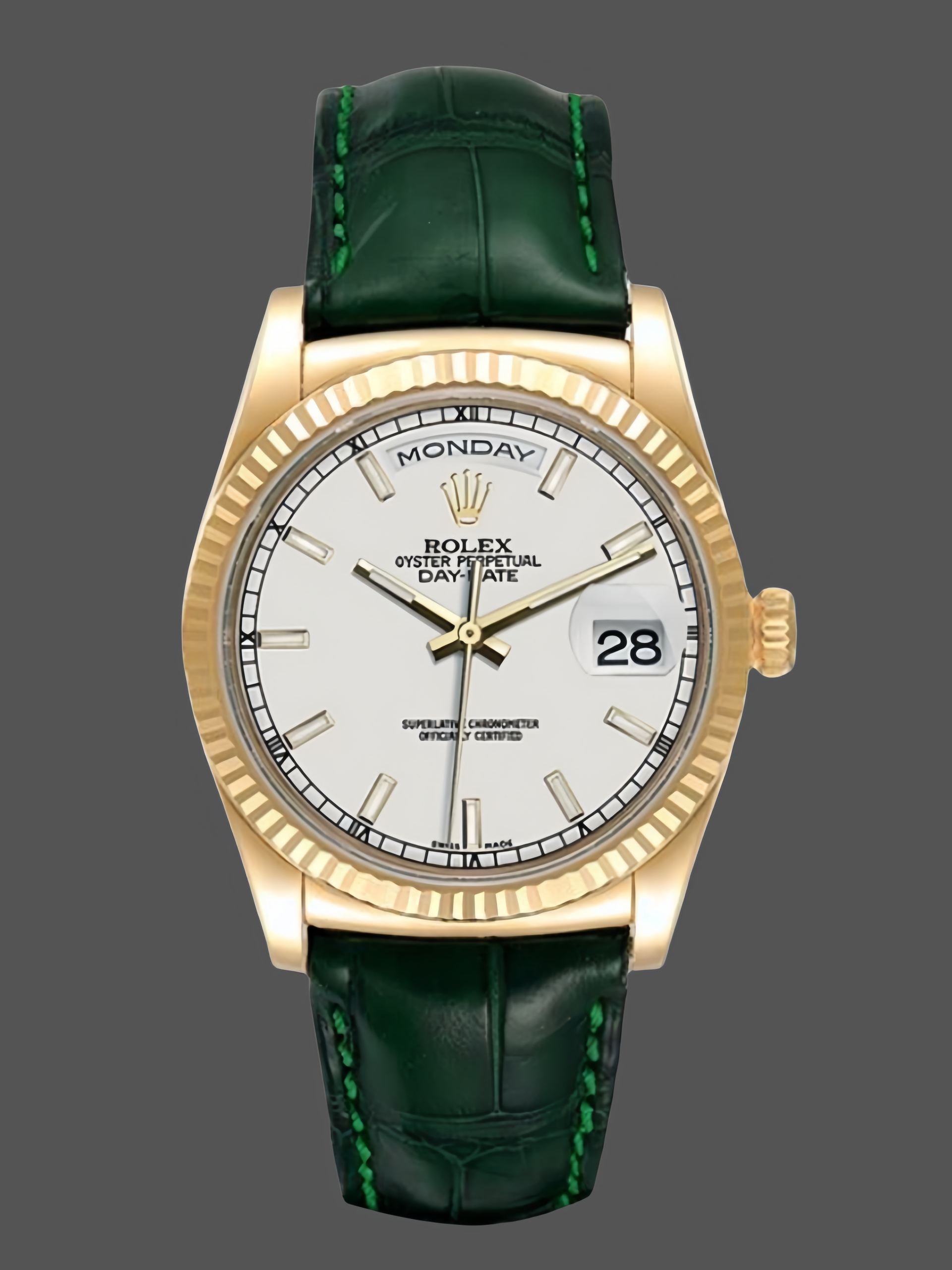7E1C5D1F-3AA2-31F7-71E5-1715965D685B Rolex Day Date 36 White Dial 118135 0123 Green Leather Watch - Image 1