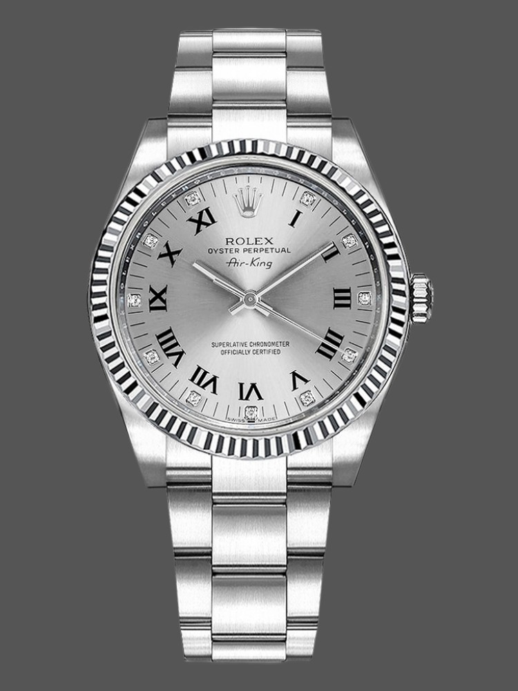 7E9BADCC-2F6E-2B7E-650B-726A9168419A Rolex Oyster Perpetual Air-King 114234 Silver Roman Diamond Dial 41mm Replica Watch - Image 1