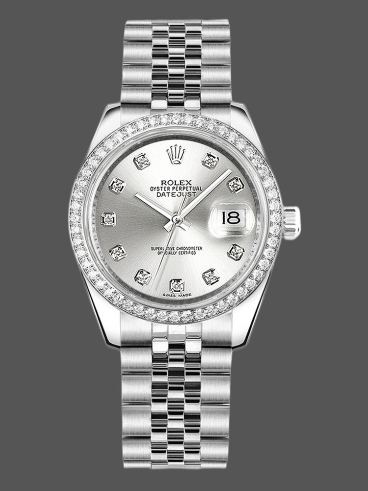81837E10-DD0A-0712-46EF-D719105C20D7 Rolex Datejust 178384 Silver Diamonds Dial Diamond Bezel 31MM Lady Replica Watch - Image 1
