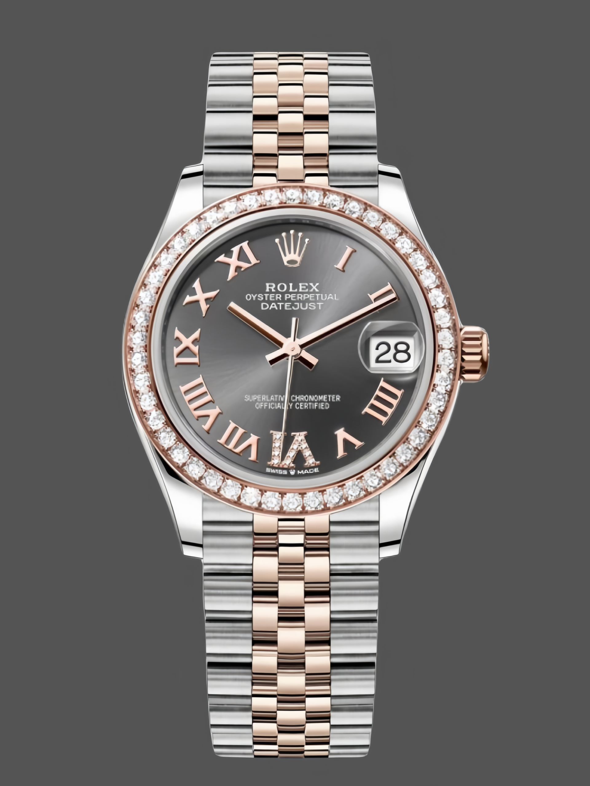 825218E6-9EA2-8193-F8C8-92724DF66572 Rolex Datejust Lady 31 Rose Gold Steel Slate Roman Diamond VI Dial & Diamond Bezel Jubilee Bracelet 278381RBR - Image 1