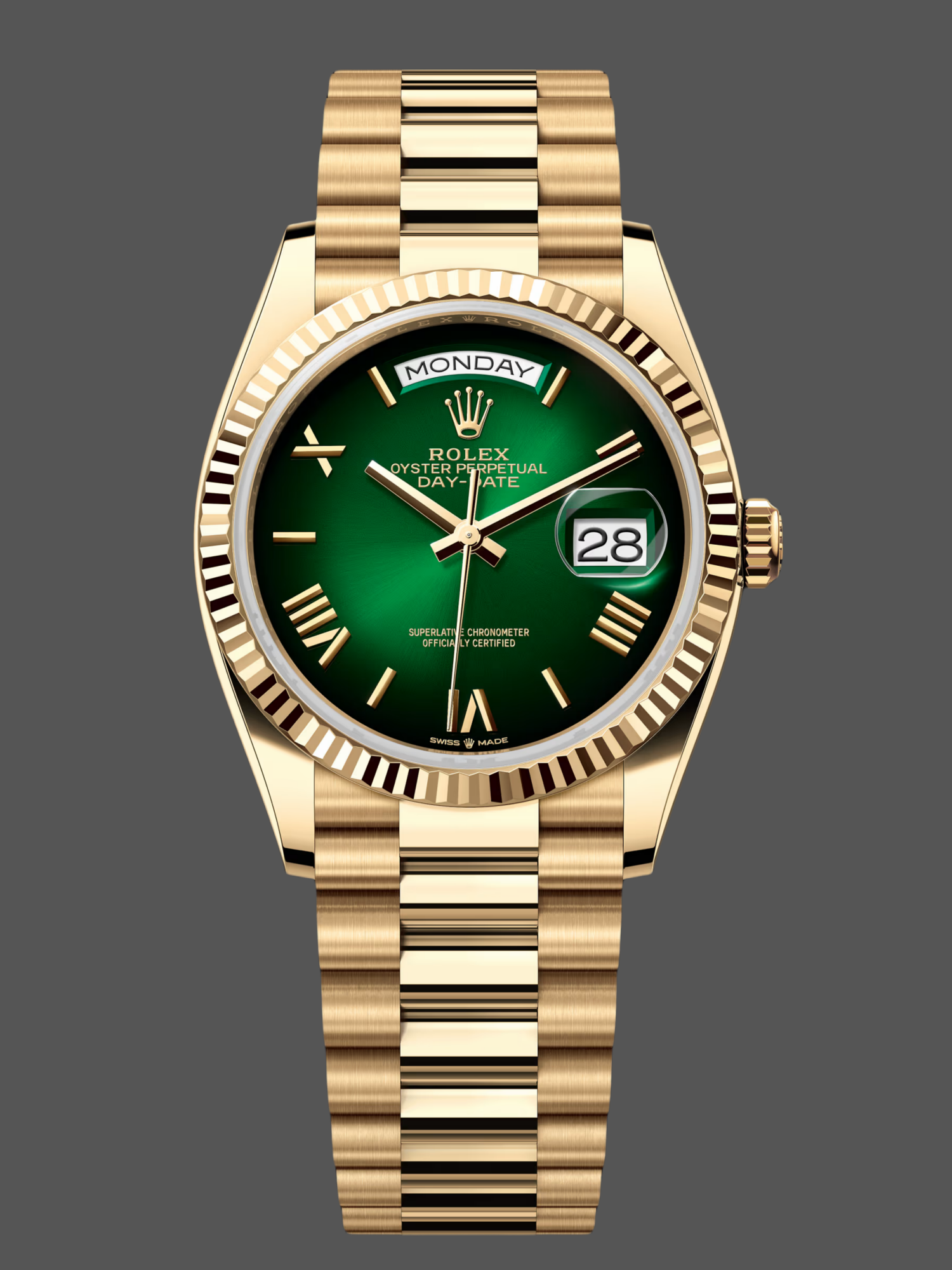 8511C684-8C2B-CC85-EBFE-A136C45CD480 Rolex Day Date 36mm Fluted Bezel Green Ombre Dial President Bracelet m128238 0118 - Image 1