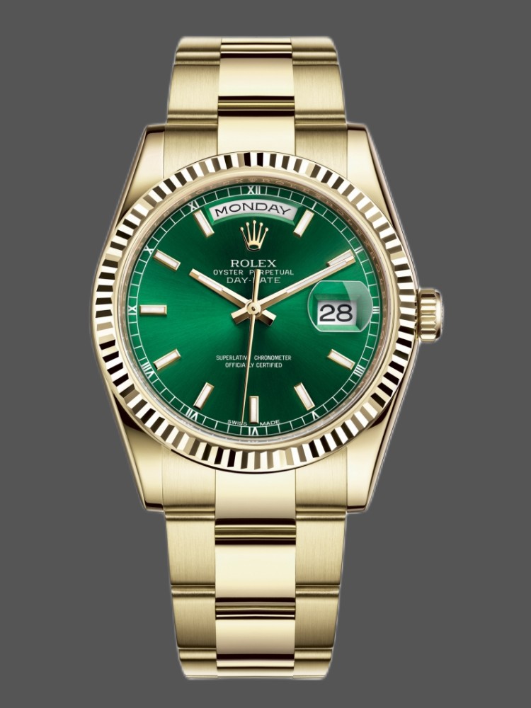 88E2EF60-295A-6574-BE9C-0A466A5009D4 Rolex Day-Date 118238 Yellow Gold Green Dial 36mm Unisex Replica Watch - Image 1