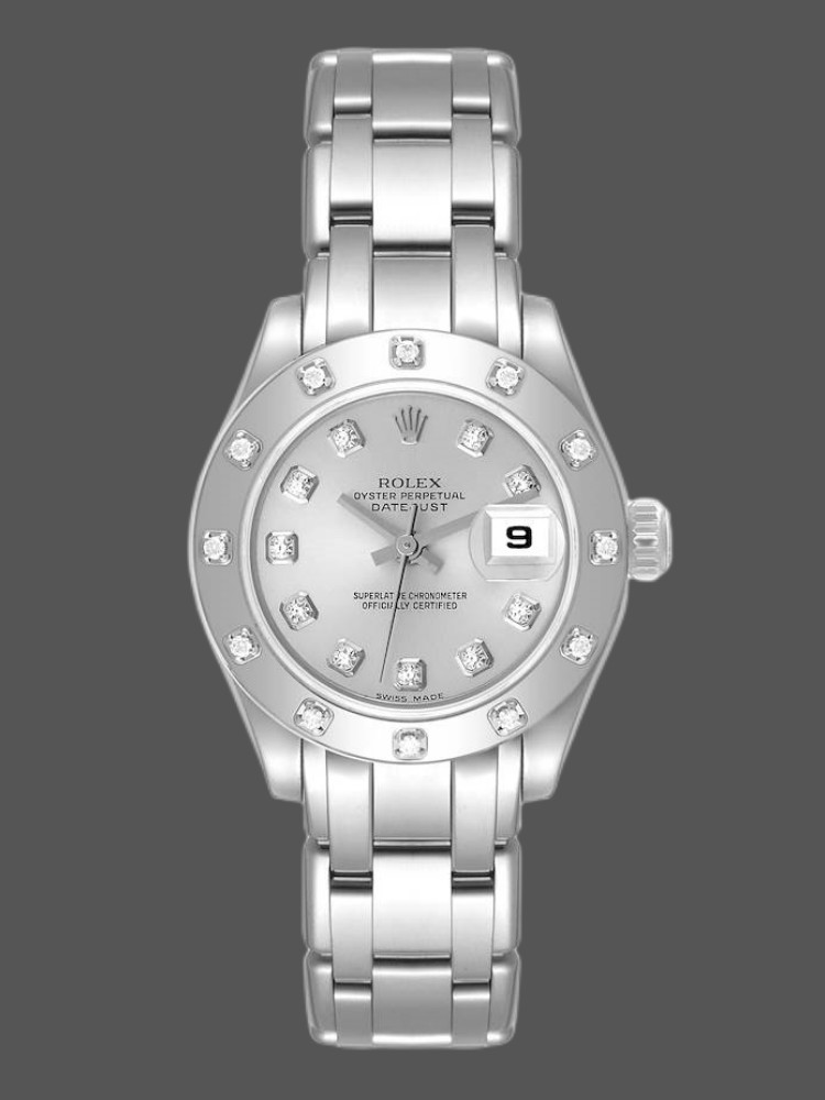 8DA0C6DE-1C1E-839A-F0E6-5A11A404A771 Rolex Pearlmaster 80319 Silver Diamond Dial 29MM Lady Replica Watch - Image 1