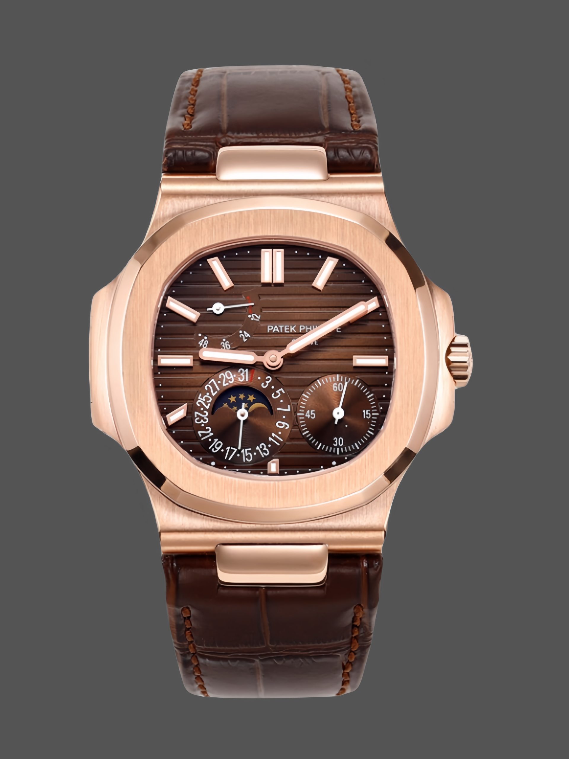919F681D-32C3-C4DD-5EEA-91F12F67AF99 Patek Philippe Nautilus Moon Phases Rose & White Gold Slate Brown Dial 5712GR 001 - Image 1