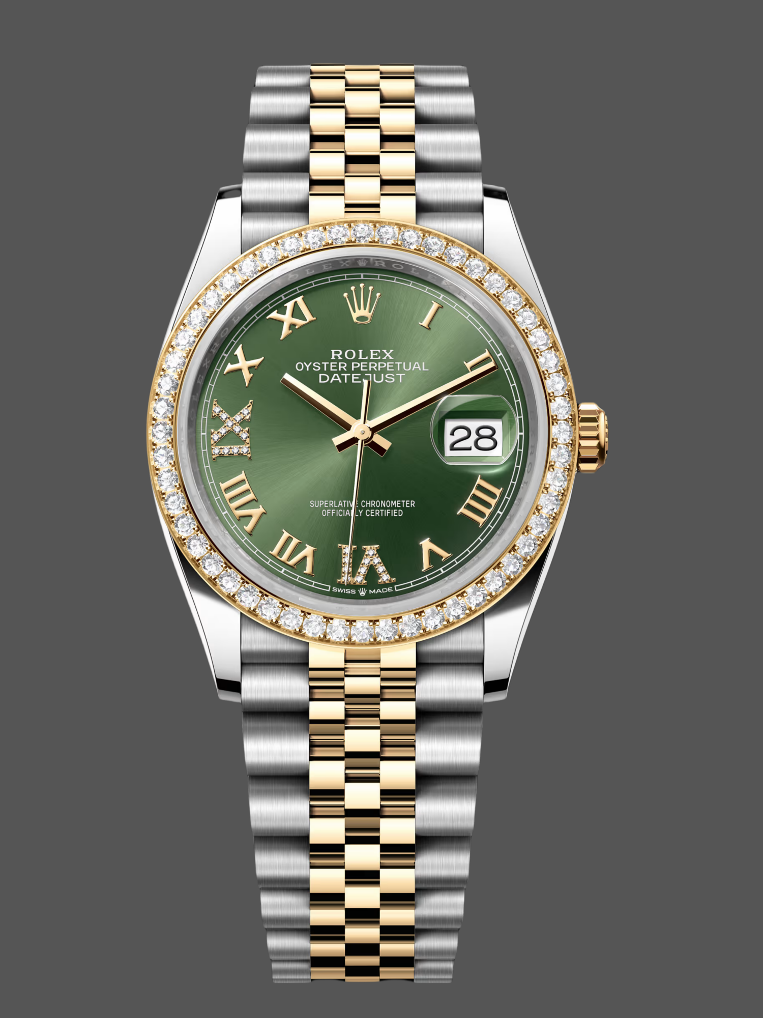 97B500E4-A14E-8A9B-FA68-28E0E917E3D4 Rolex Datejust 36 Yellow Gold & Diamonds Olive Green Diamond Pave Roman Dial m126283rbr 0011 - Image 1