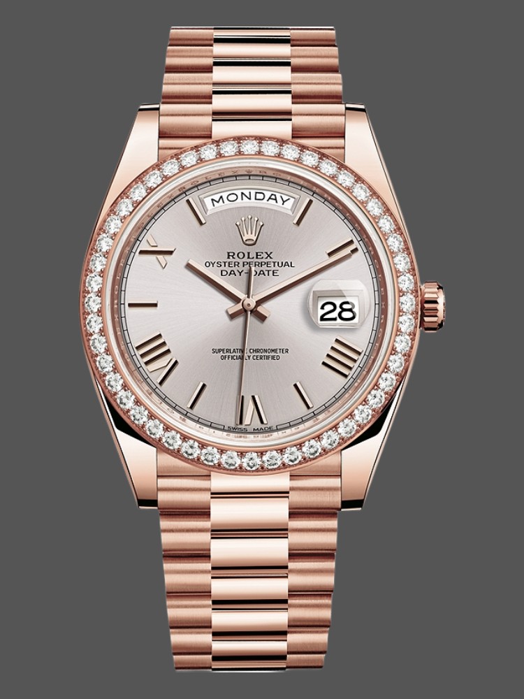 98834807-B5D0-841E-D358-4312D9DE94B6 Rolex Day-Date 228345RBR Sundust Roman Dial Diamond Bezel 40mm Mens Replica Watch - Image 1
