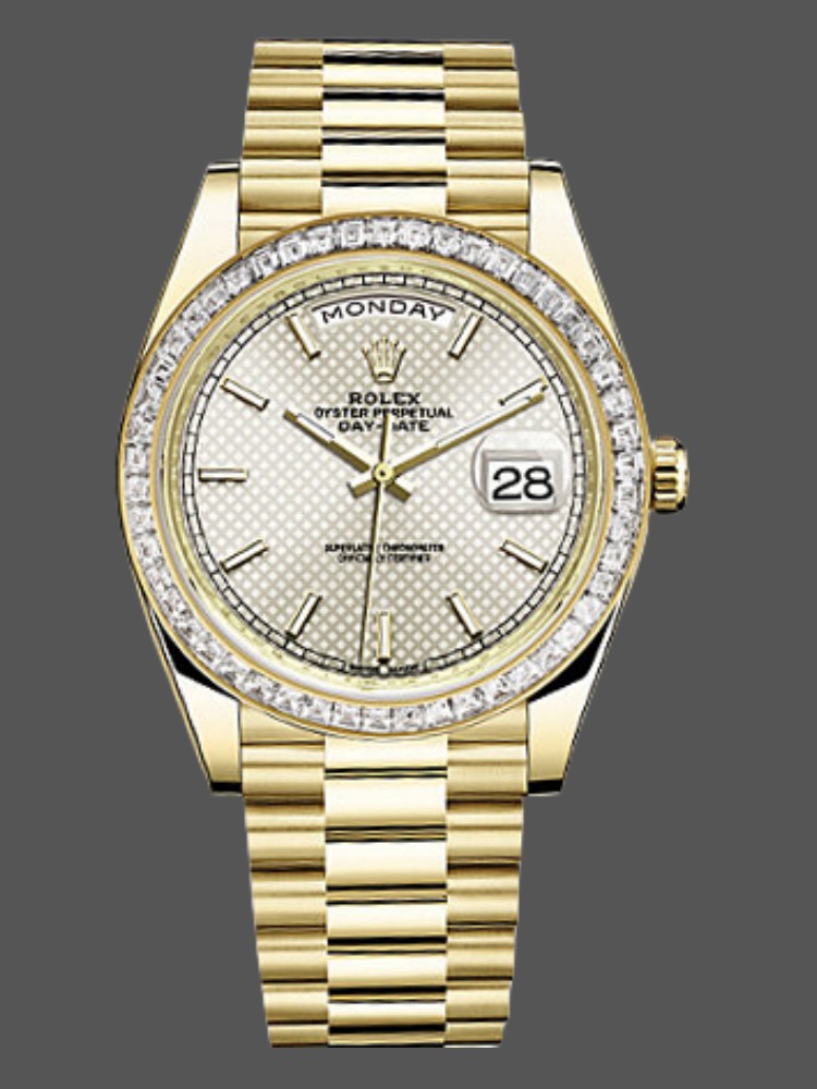 99D826FA-34D6-E772-0953-226F183257BB Rolex Day-Date 228398TBR Silver Diagonal Motif Dial Diamond Bezel 40mm Mens Replica Watch - Image 1