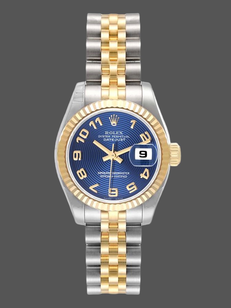 9A5FBB01-0296-A4B7-FCAA-FDE55241B621 Rolex Datejust 179173 Concentric Circle Blue Dial Fluted Bezel 26MM Lady Replica Watch - Image 1