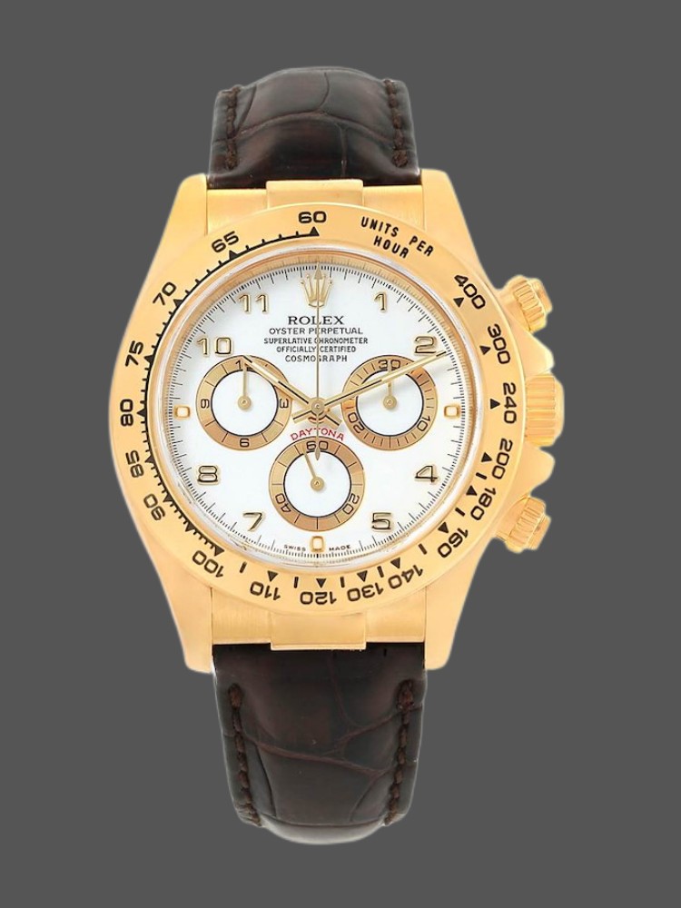 9AB09DDF-6D51-8332-1541-8C858C8EA3CF Rolex Daytona 116518 Yellow Gold White Dial 40mm Mens Replica Watch - Image 1