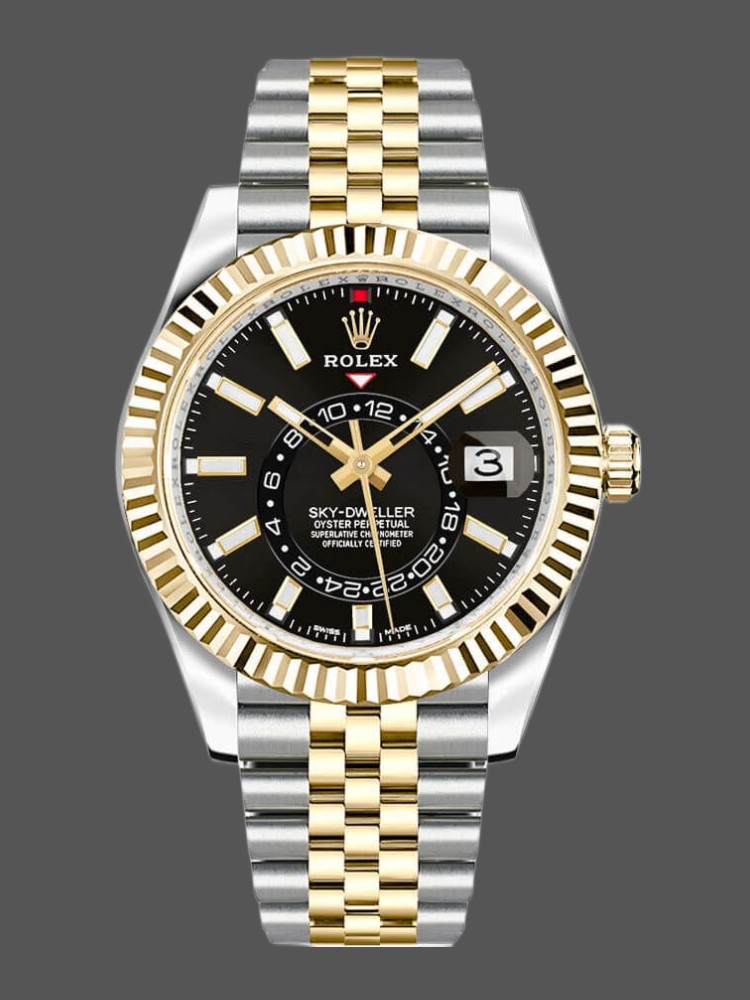 9BA5EED7-66E3-E1A2-48A6-612DE2035387 Rolex Sky-Dweller 326933 Stainless Steel Yellow Gold Black Dial 42MM Mens Replica Watch - Image 1