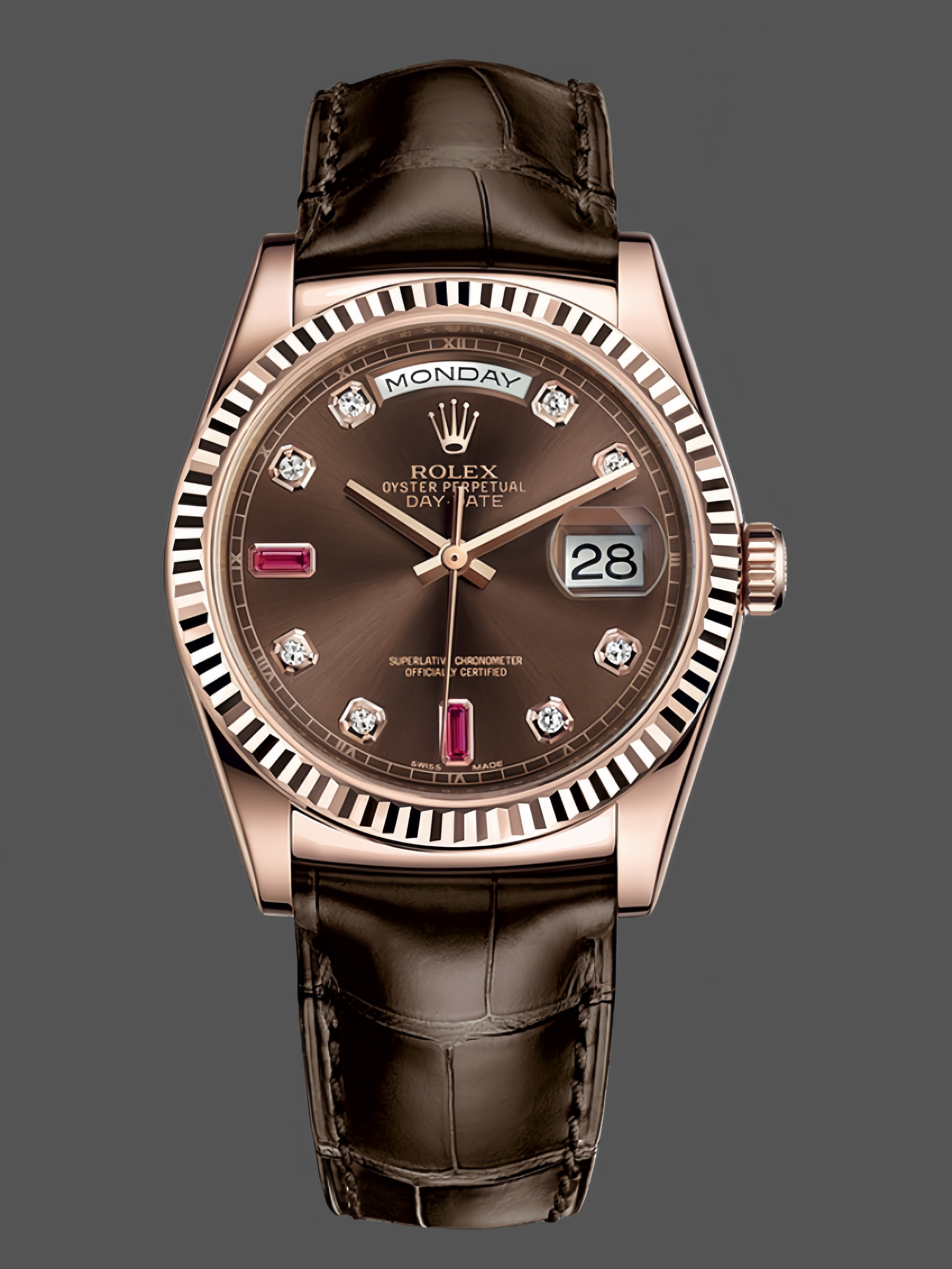 9CFA92F0-C734-BA26-AFA9-11540B1820C0 Rolex Day Date 36 Everose Diamond Chocolate 118135 0020 Watch - Image 1