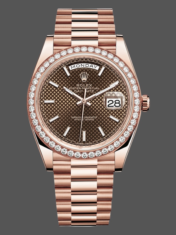 A0AA8499-9067-5751-C892-EC815C8D035F Rolex Day-Date 228345RBR Chocolate Brown Diagonal Motif Dial Diamond Bezel 40mm Mens Replica Watch - Image 1