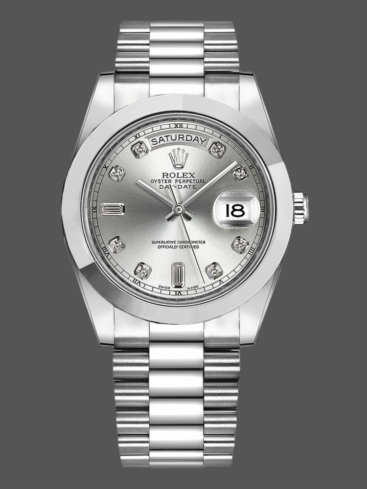 A3F49A1D-DE3B-4E0E-5A89-0B79D4472C38 Rolex Day-Date 218206 Silver Diamond Dial Platinum 41MM Mens Replica Watch - Image 1