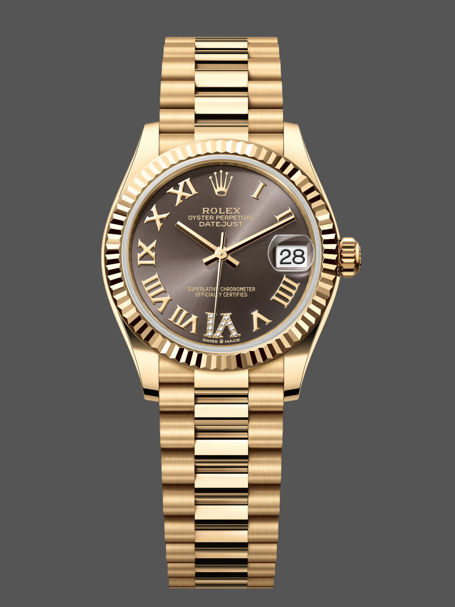 A4AAA070-2482-2D18-F367-68CF577EF1FA Rolex Datejust 31mm Yellow Gold M278278 0032 Dark Grey Roman VI President - Image 1