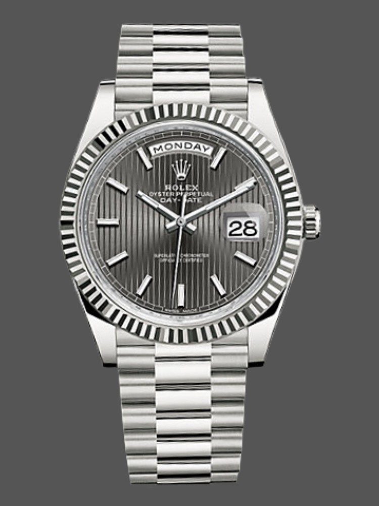 A507C4D2-680A-7C2A-6775-6E84F948D68C Rolex Day-Date 228239 Dark Rhodium Grey Dial Fluted Bezel 40mm Mens Replica Watch - Image 1