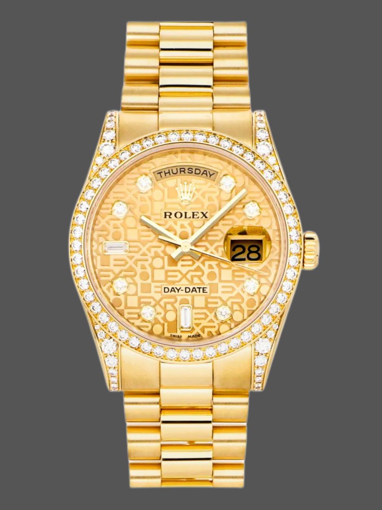 A5E9B12C-236F-FAE9-394B-85AD3C24CB78 Rolex Day-Date 118388 Champagne Jubilee Diamond Dial Yellow Gold 36MM Unisex Replica Watch - Image 1