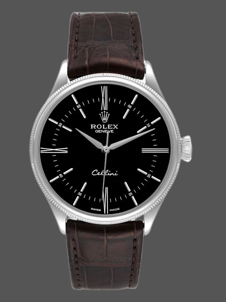 A62FA4DA-FF44-CD49-6AB0-D225A54E788F Rolex Cellini Time 50509 Brown Leather Strap Black Dial 39mm Mens Replica Watch - Image 1