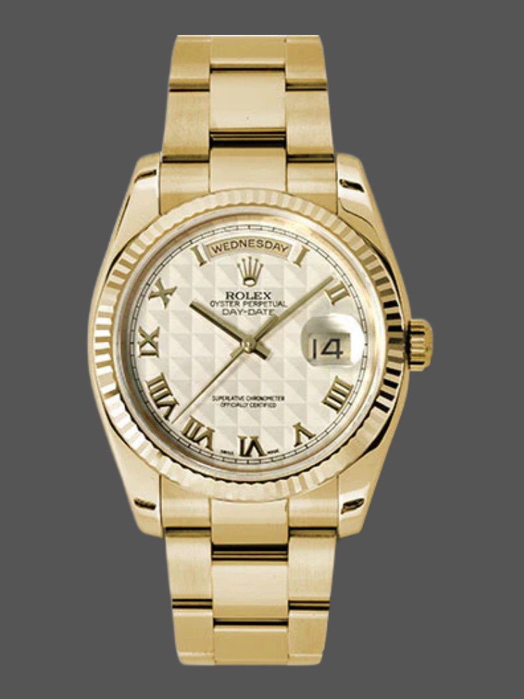 AA809998-A2DF-1662-752B-93BEEB13632D Rolex Day-Date 118238 Roman Numeral Pyramid Ivory Dial 36mm Unisex Replica Watch - Image 1