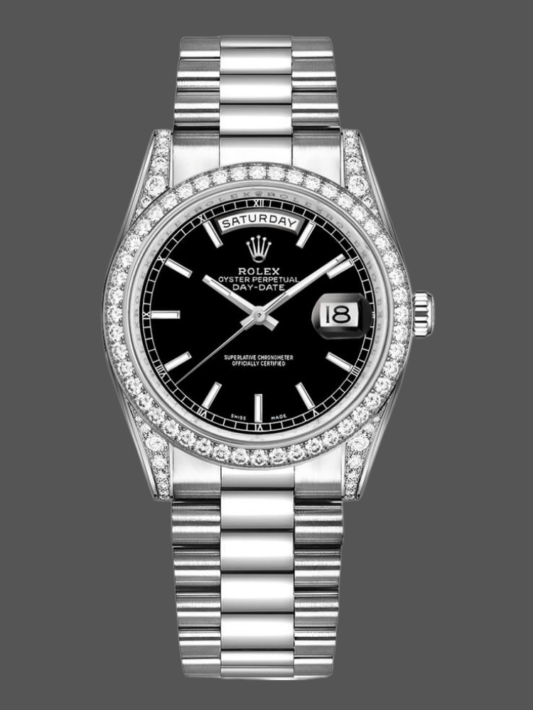 AB2A2B6A-821E-B546-6F0A-1239AEC74DC5 Rolex Day-Date 118389 White Gold Black Index Dial 36MM Unisex Replica Watch - Image 1