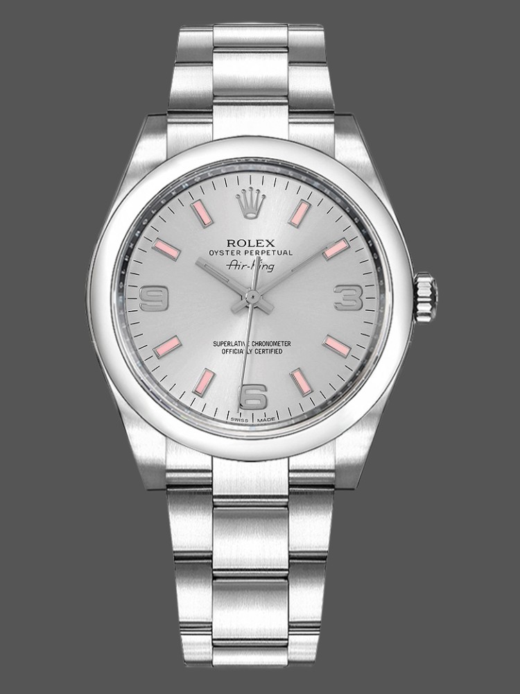 ACA905BD-4C2E-D4EB-23D4-434C8D670AF5 Rolex Oyster Perpetual Air-King 114200 Silver Dial Pink Baton 34mm Unisex replica watch - Image 1