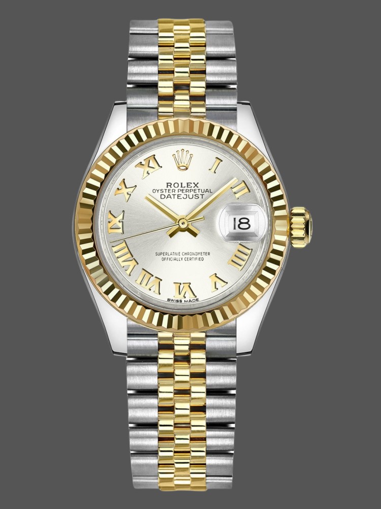 B166BD7B-CA2E-2ECD-BCF1-1612EE688EE7 Rolex Datejust 279173 Silver Roman Numeral Dial Fluted Bezel 28mm Lady Replica Watch - Image 1