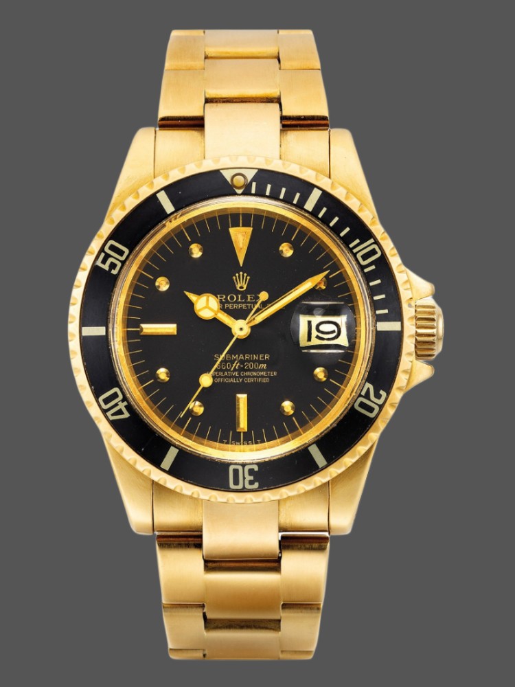 B29048C0-77C9-4749-F30A-D5CA9F5DF724 Rolex Submariner 1680/8 Black dial Yellow Gold 40mm Mens Replica Watch - Image 1