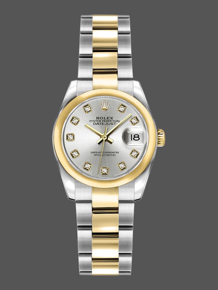 B421C3A5-F74C-BE73-275F-E41028BF9C43 Rolex Datejust 179163 Silver Diamond Dial Domed Dezel 26MM Lady Replica Watch - Image 1